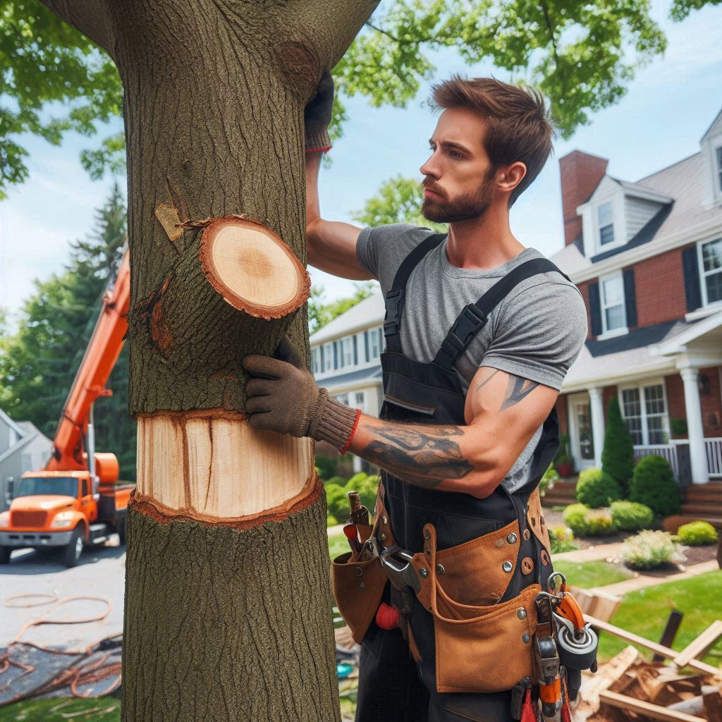 Tree removal expert performing maintenance on a typical Illinois home's trees